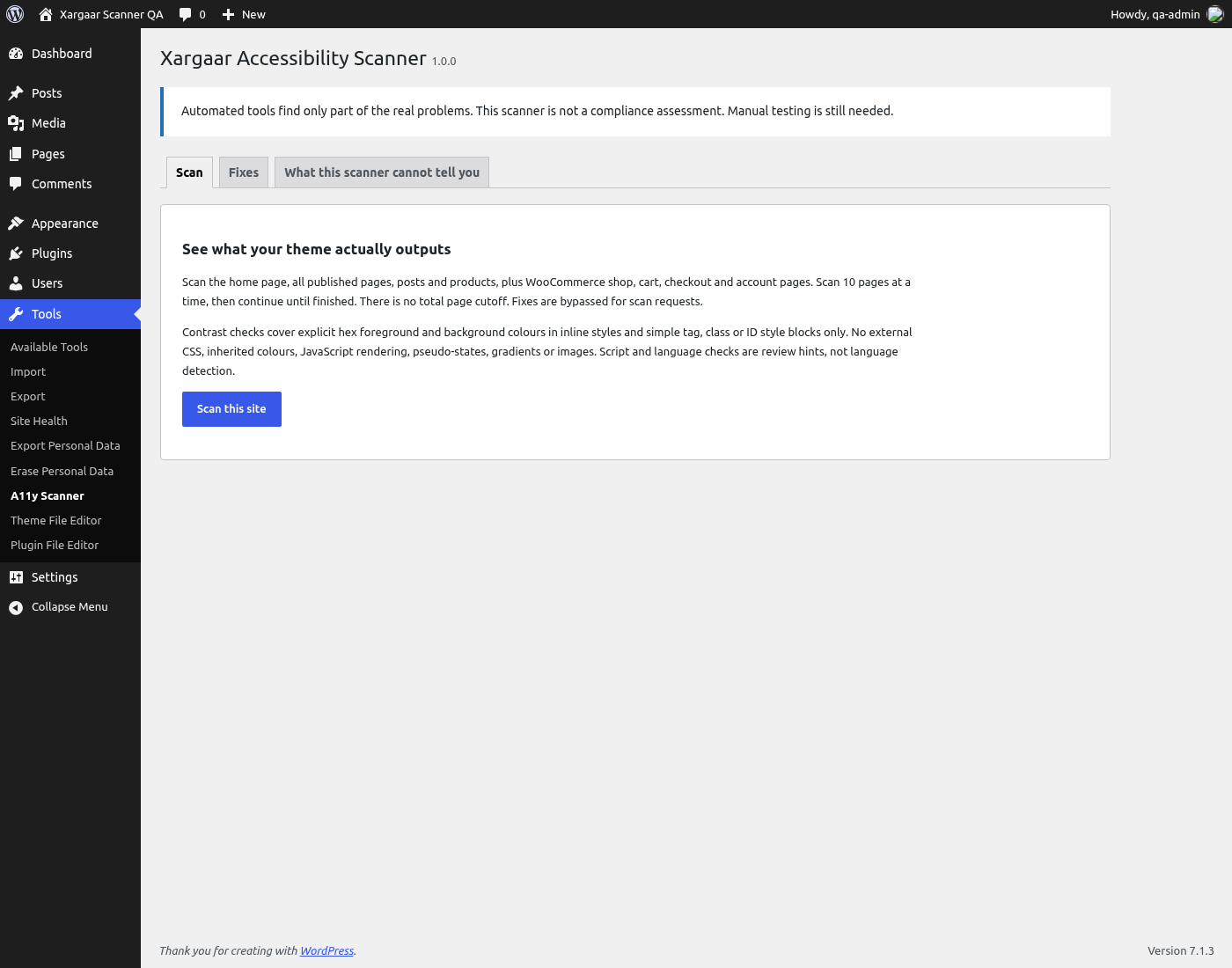 Accessibility Scanner scan controls and page selection